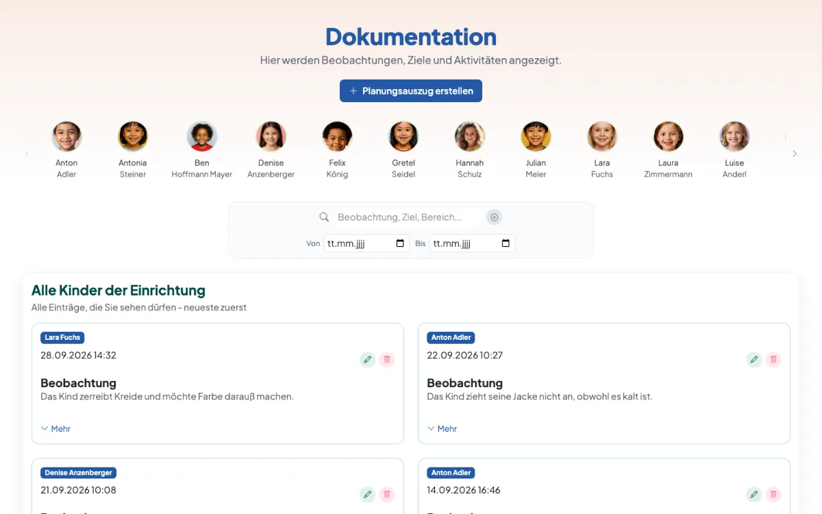 Screenshot aus aikita: Beobachtungsdokumentation im Kindergarten