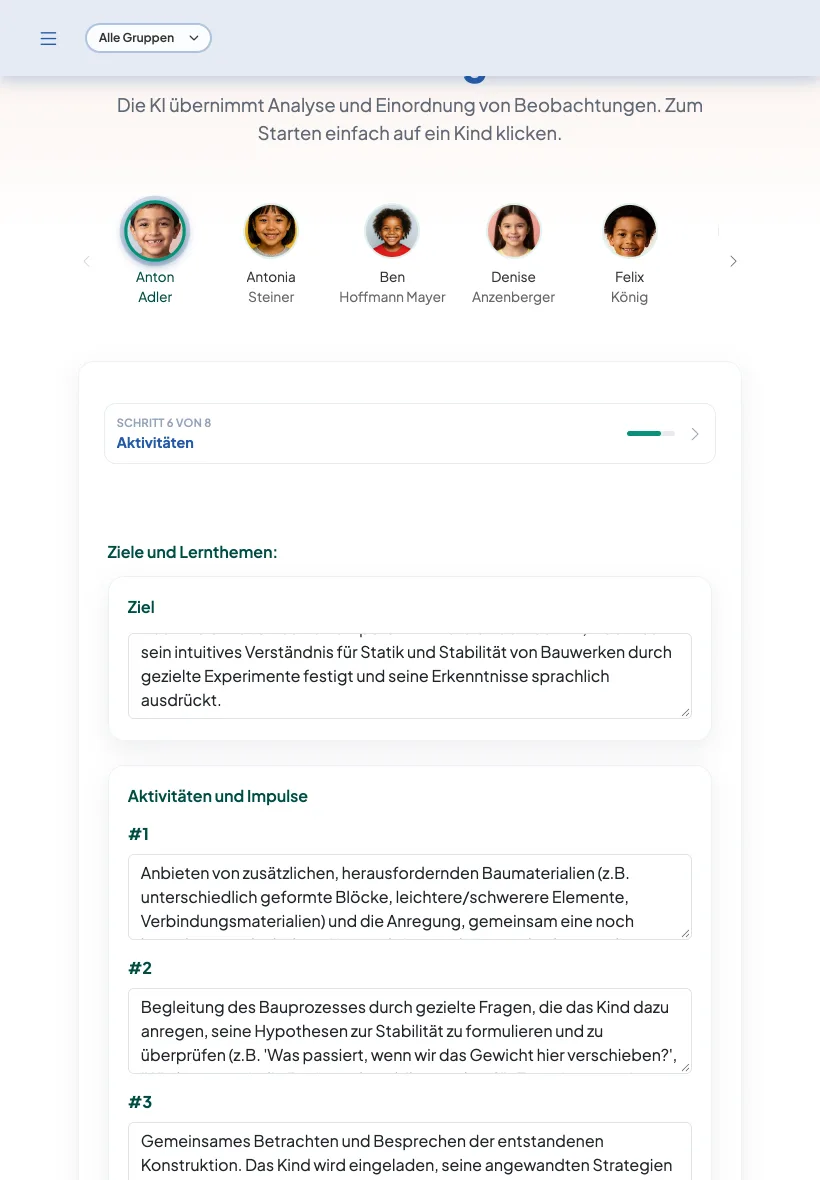 KI-Vorschläge für Ziele und Aktivitäten in aikita am Tablet