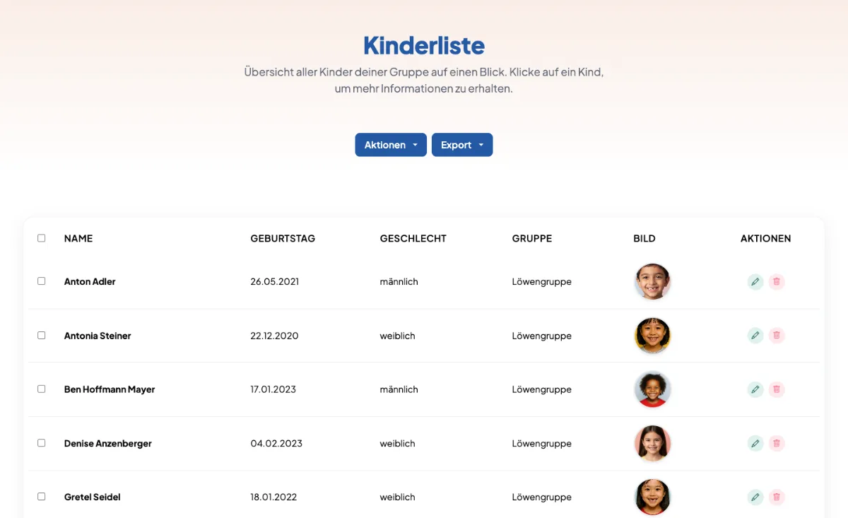 Screenshot aus aikita: Kinderverwaltung für Kindergartenträger mit mehreren Einrichtungen