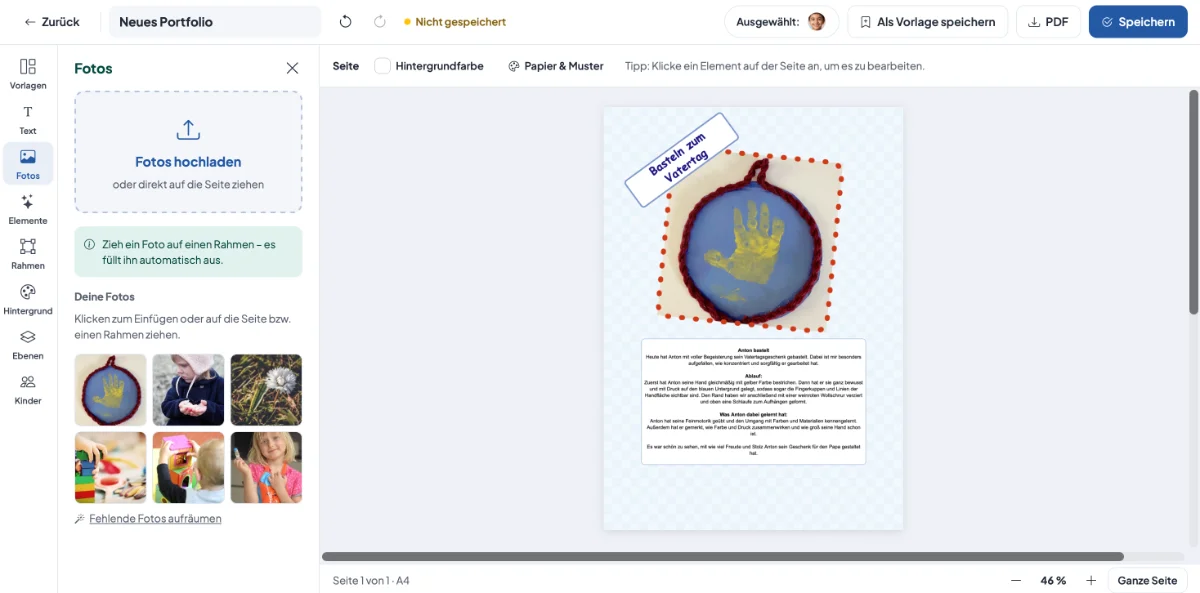 Screenshot aus aikita: Portfolio-Editor für das digitale Portfolio im Kindergarten