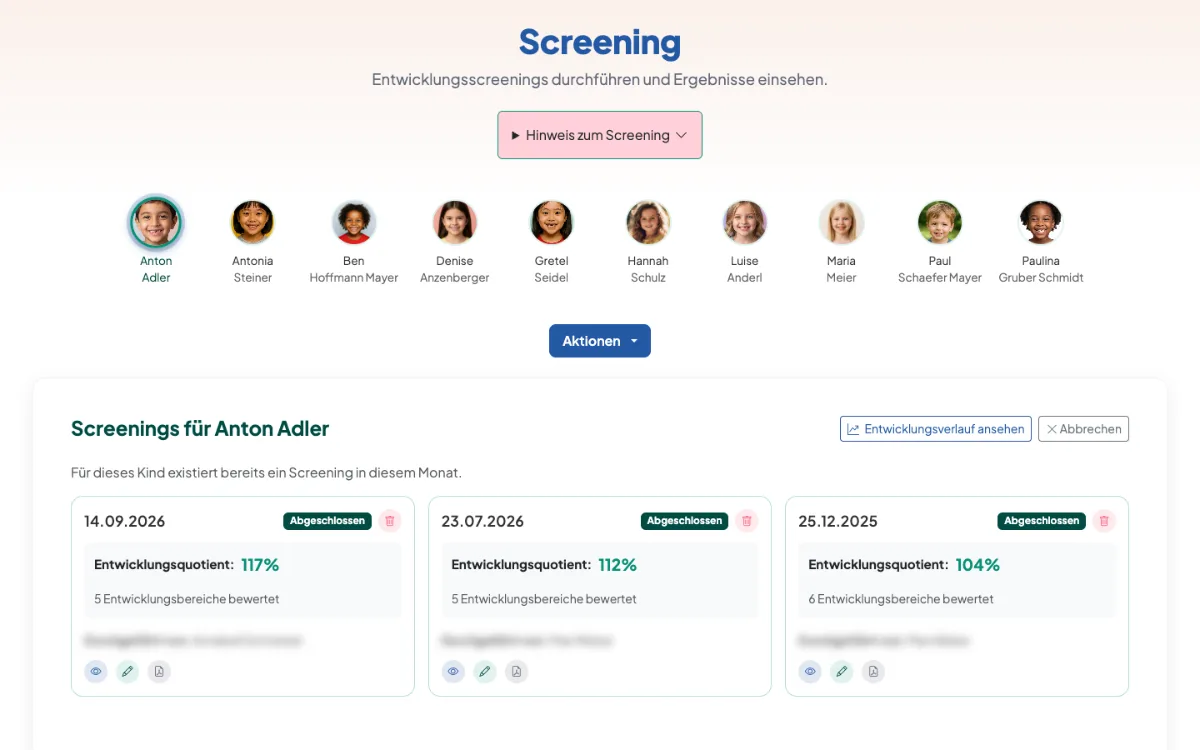 Screenshot aus aikita: Entwicklungsscreening für einen Entwicklungsbericht
