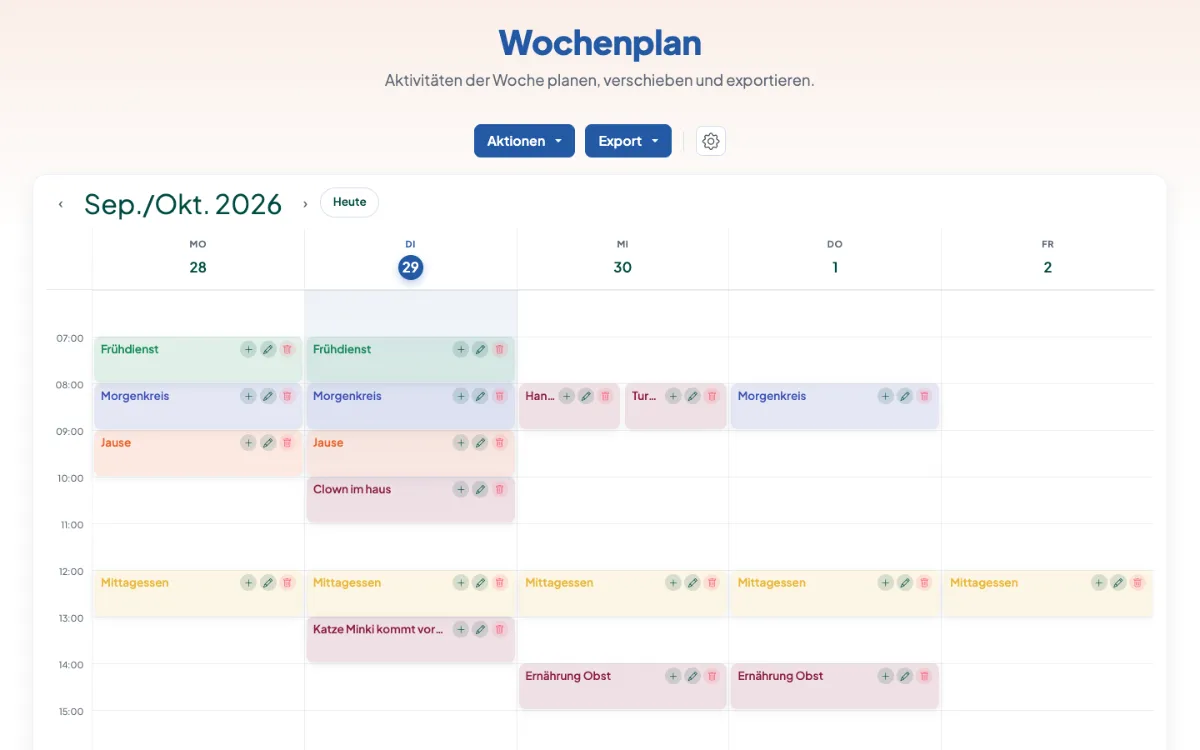 Screenshot aus aikita: Wochenplaner für den Kindergarten